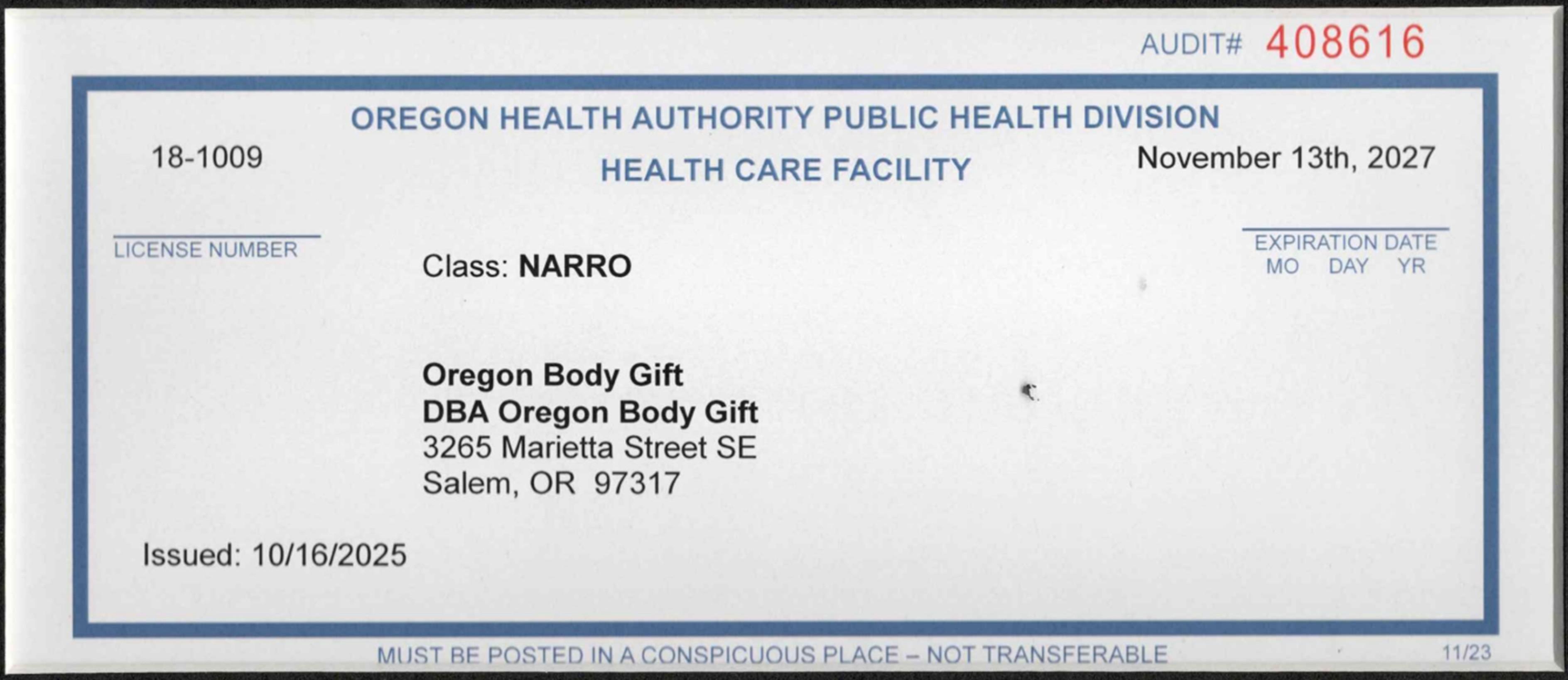  Oregon Body Gift NARRO Registration